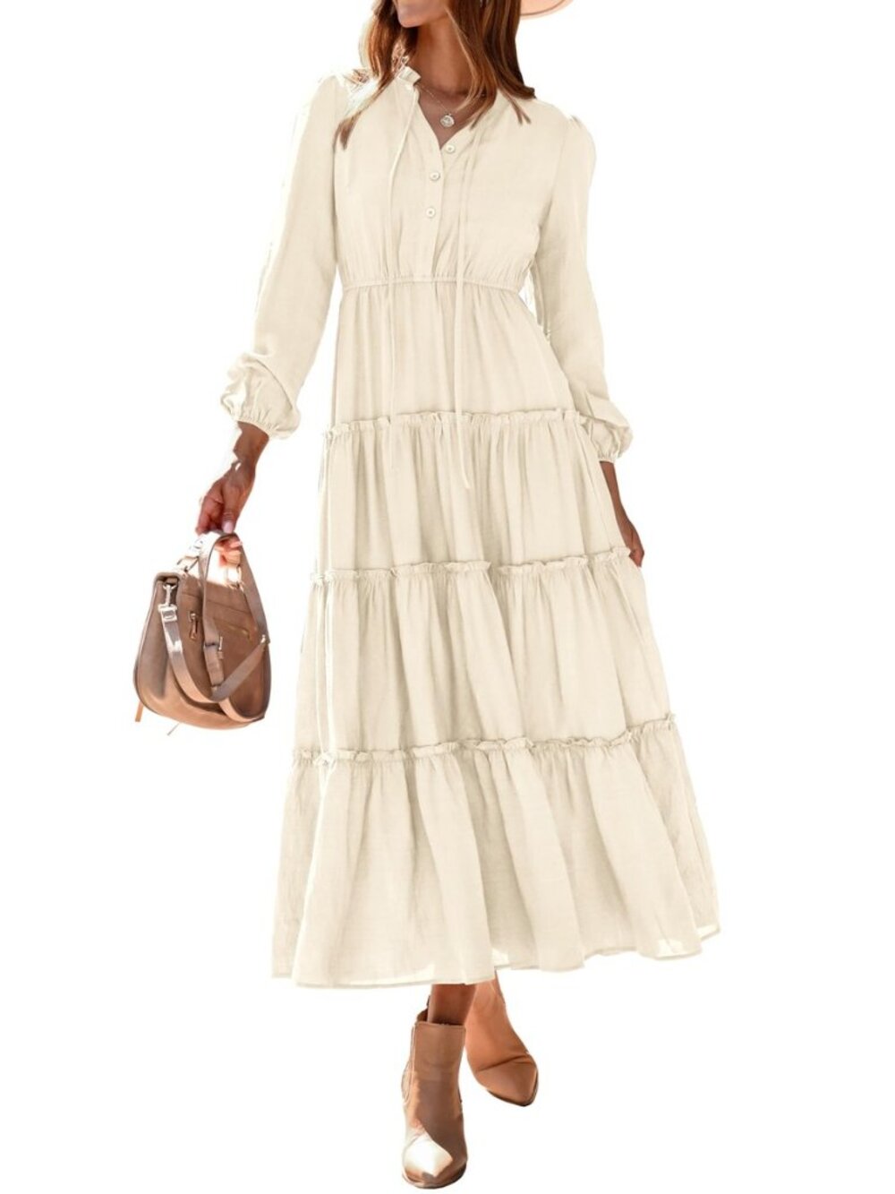 Fall Long Sleeve Maxi Dresses for Women 2025 Casual Boho Button Ruffle Neck